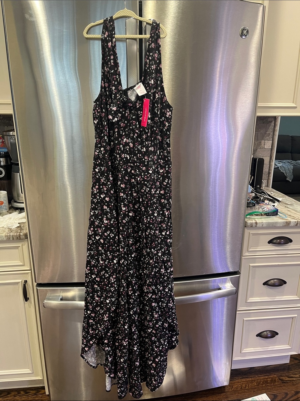 Black Floral split leg jumpsuit with Pink Accents - Women's Dress
